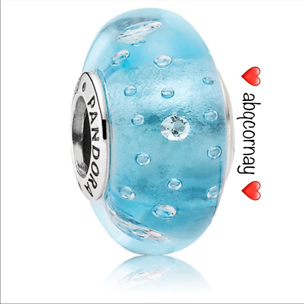 EUC Pandora 791618CZ Sterling Silver Blue Effervescence Murano Glass Charm w/ CZ